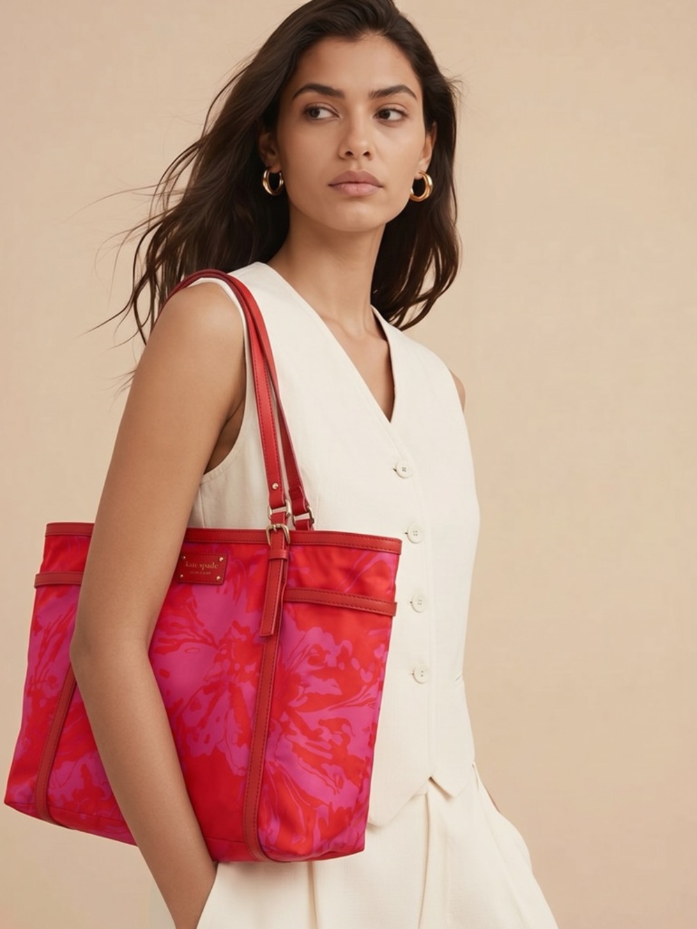 Kate Spade Tropical Red and Pink Floral Medium Tote Bag